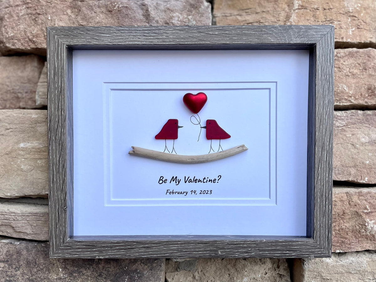 Be My Valentine Framed Sea Glass Art Showing Two Birds in Love, Handmade Framed Picture
