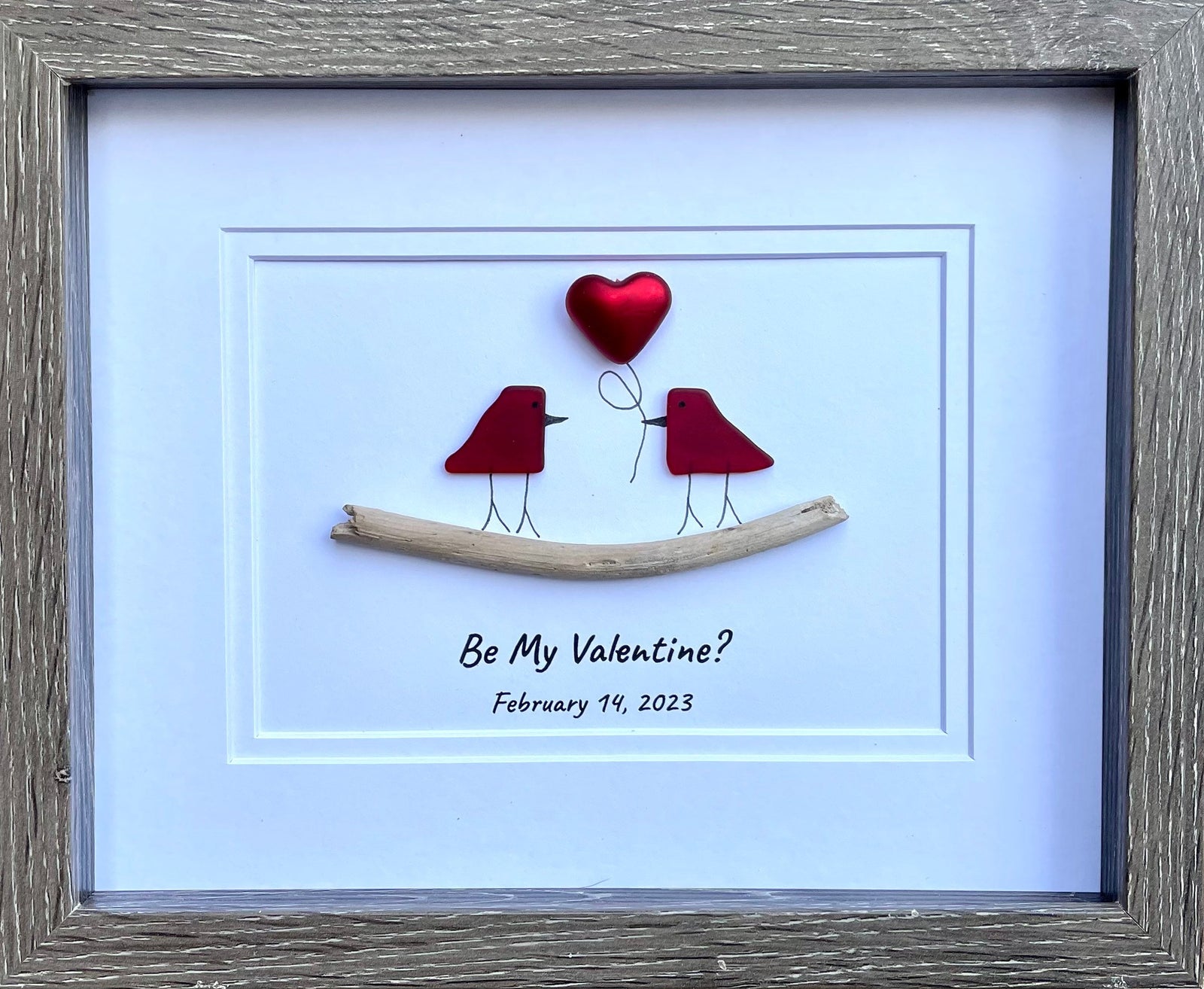 Be My Valentine Framed Sea Glass Art Showing Two Birds in Love, Handmade Framed Picture