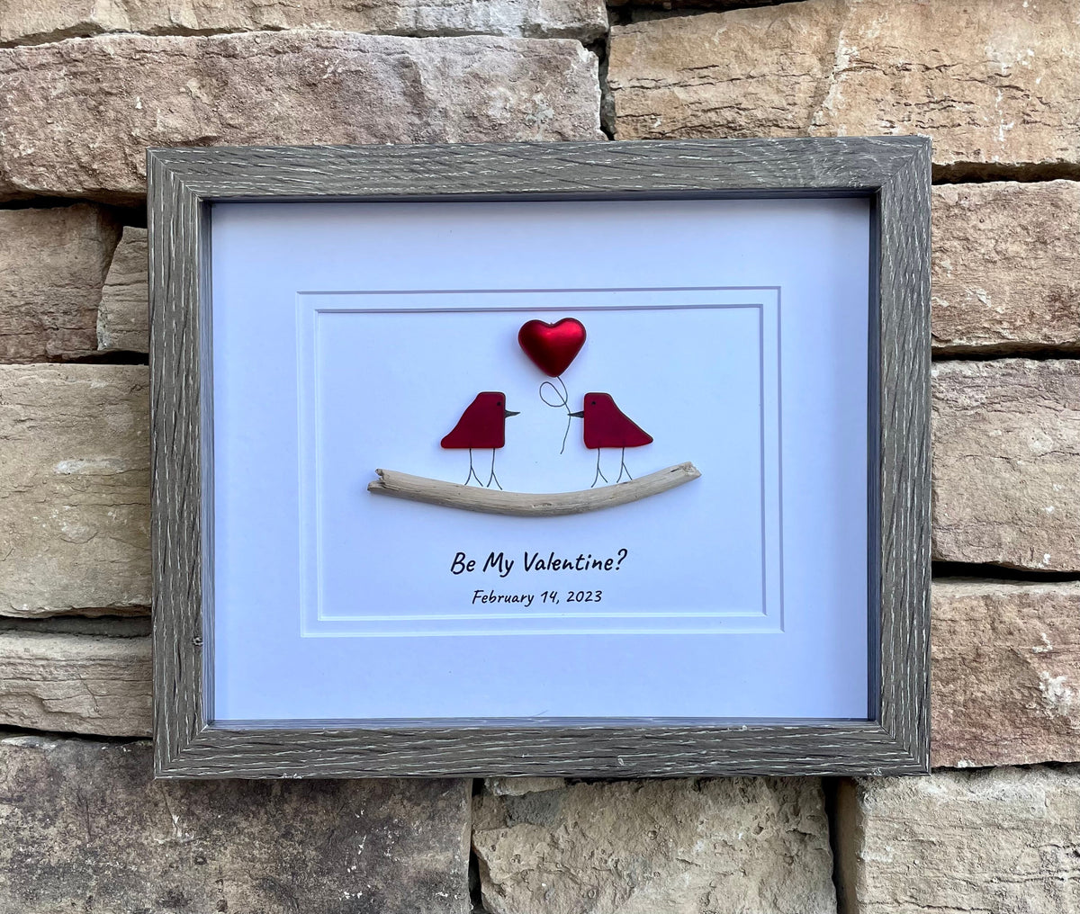 Be My Valentine Framed Sea Glass Art Showing Two Birds in Love, Handmade Framed Picture