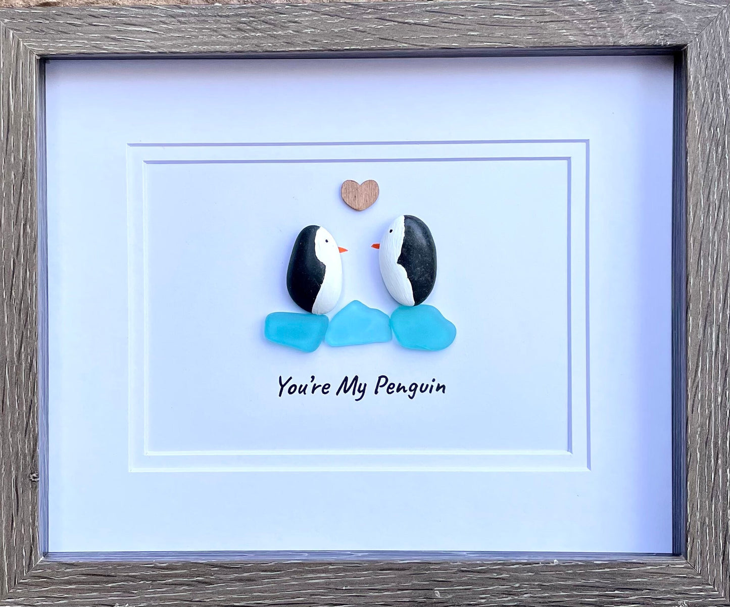 Pebble Penguin Sea Glass Art, Romantic Gift, Framed 8x10