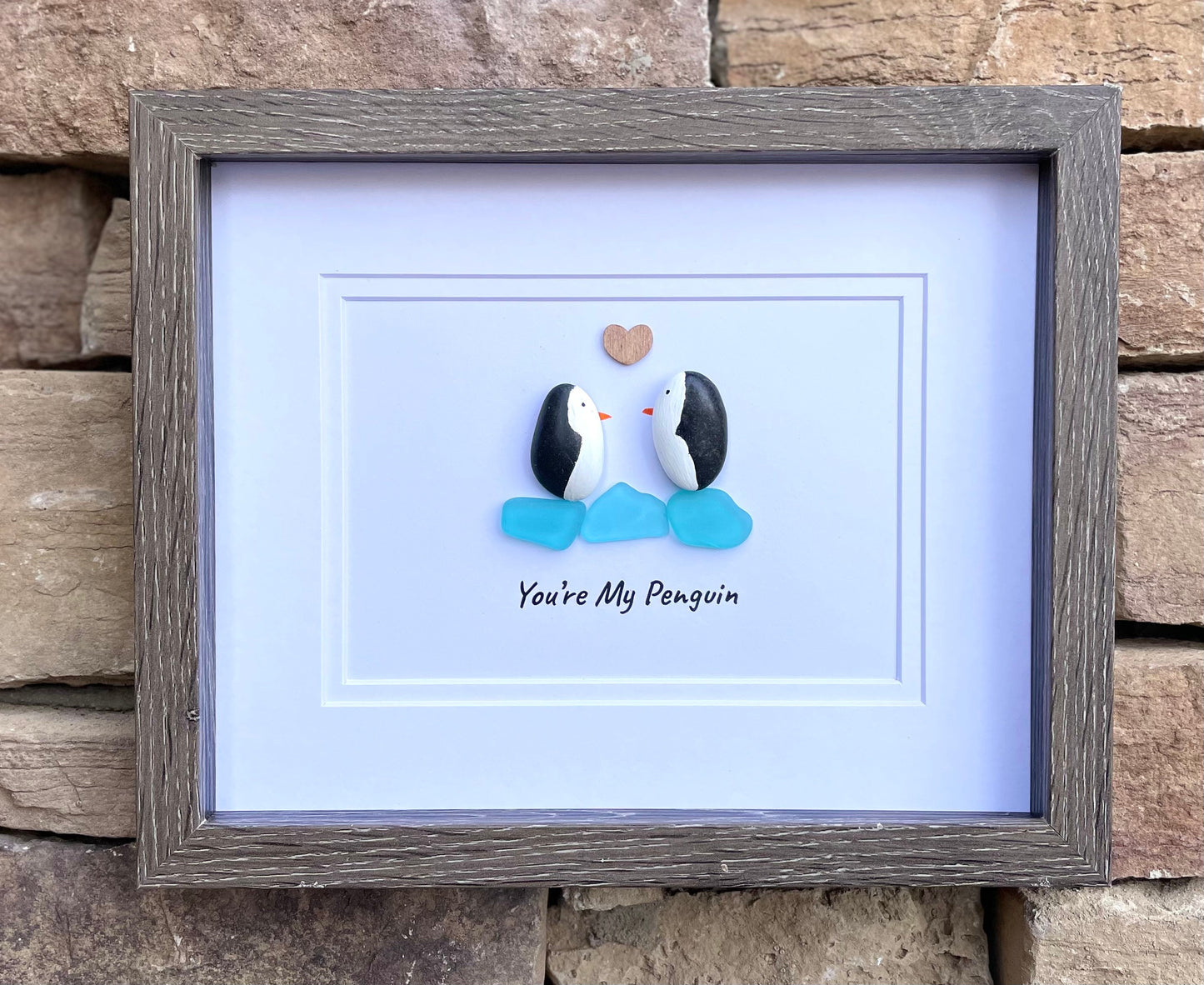 Pebble Penguin Sea Glass Art, Romantic Gift, Framed 8x10