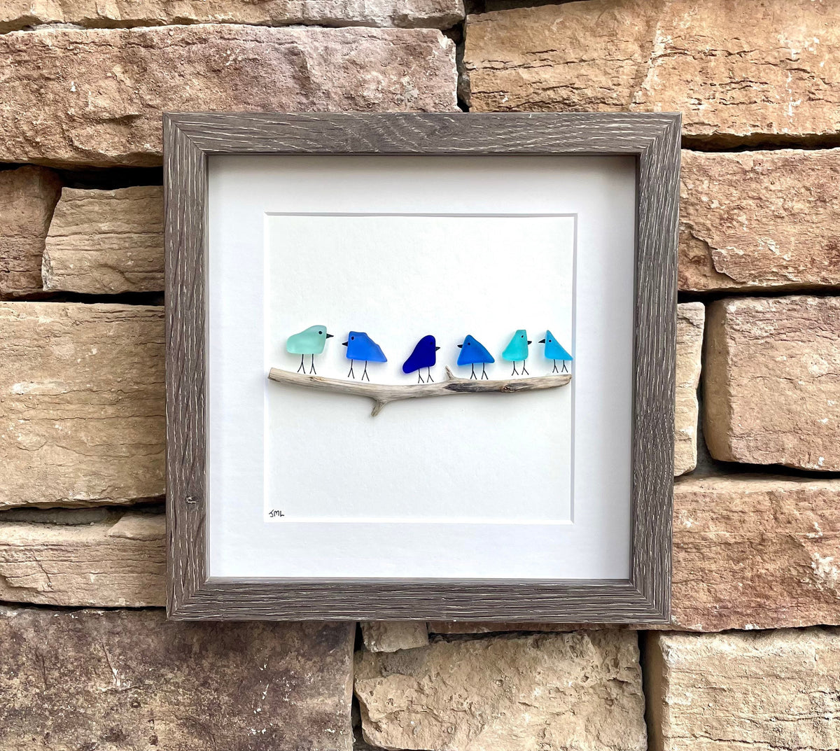 Sea Glass and Driftwood Birds in Delicate Shades of Blue, 9x9 Framed Handmade Art Minimalist Beach Glass Decor, Gift for Beach Lovers