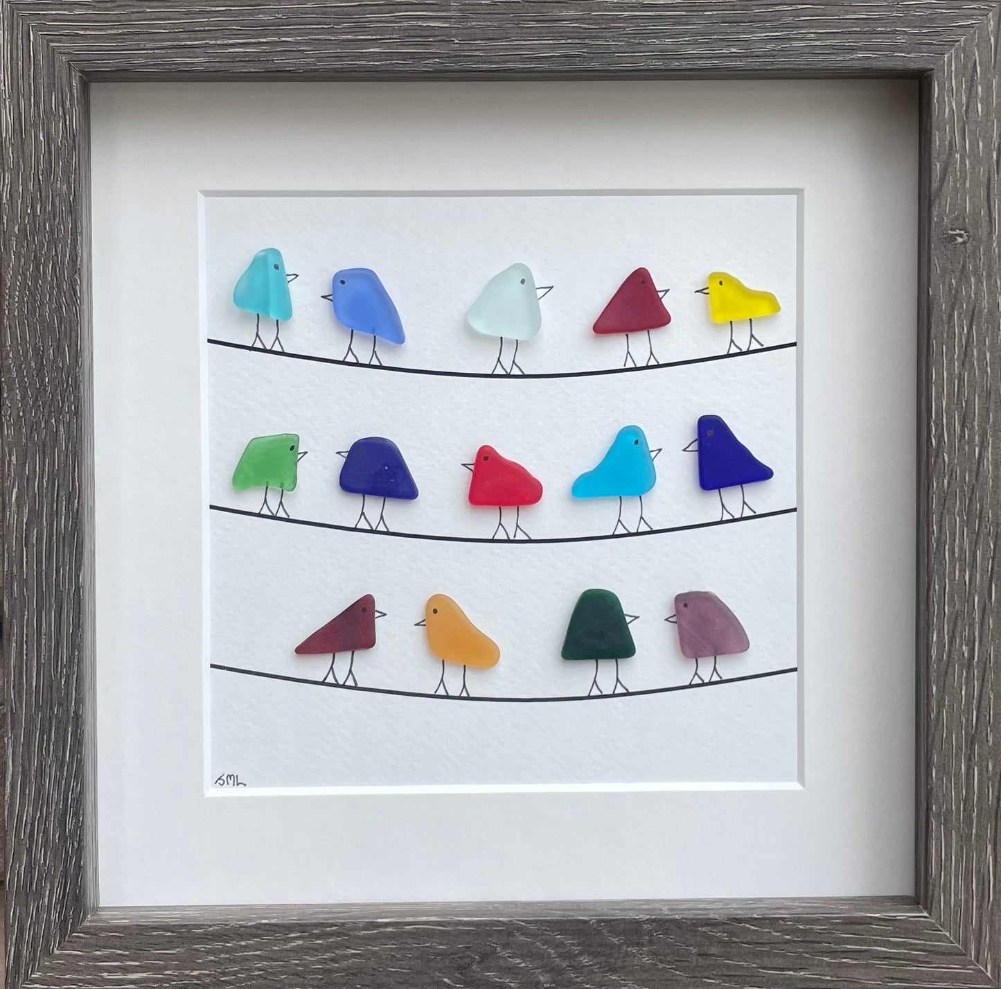 Rainbow Sea Glass Bird Artwork, Coastal Beach Decor, Framed Art