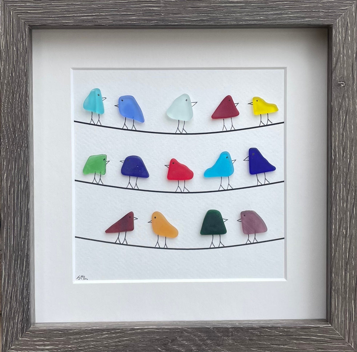 Rainbow Birds Sitting on Power Lines | Colorful Holiday Birds | Beach Decor | Christmas Gift | Gift for Friend | 8x8 Sea Glass Art