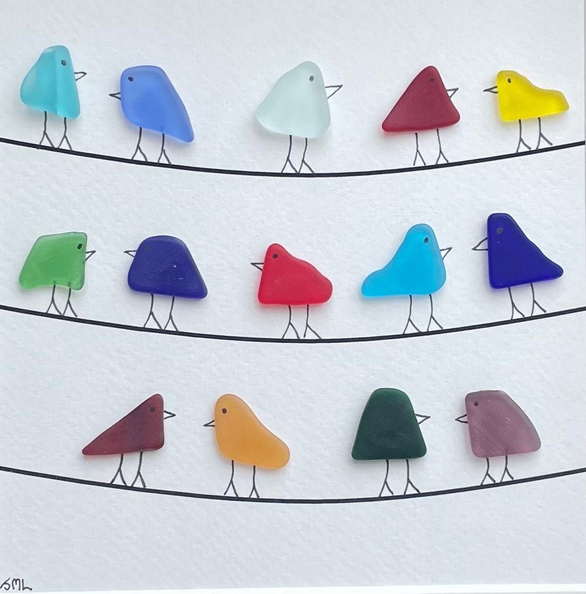 Rainbow Sea Glass Birds Sitting on Power Lines, Original Handmade Artwork, Minimalist Beach Decor, 9x9 in frame