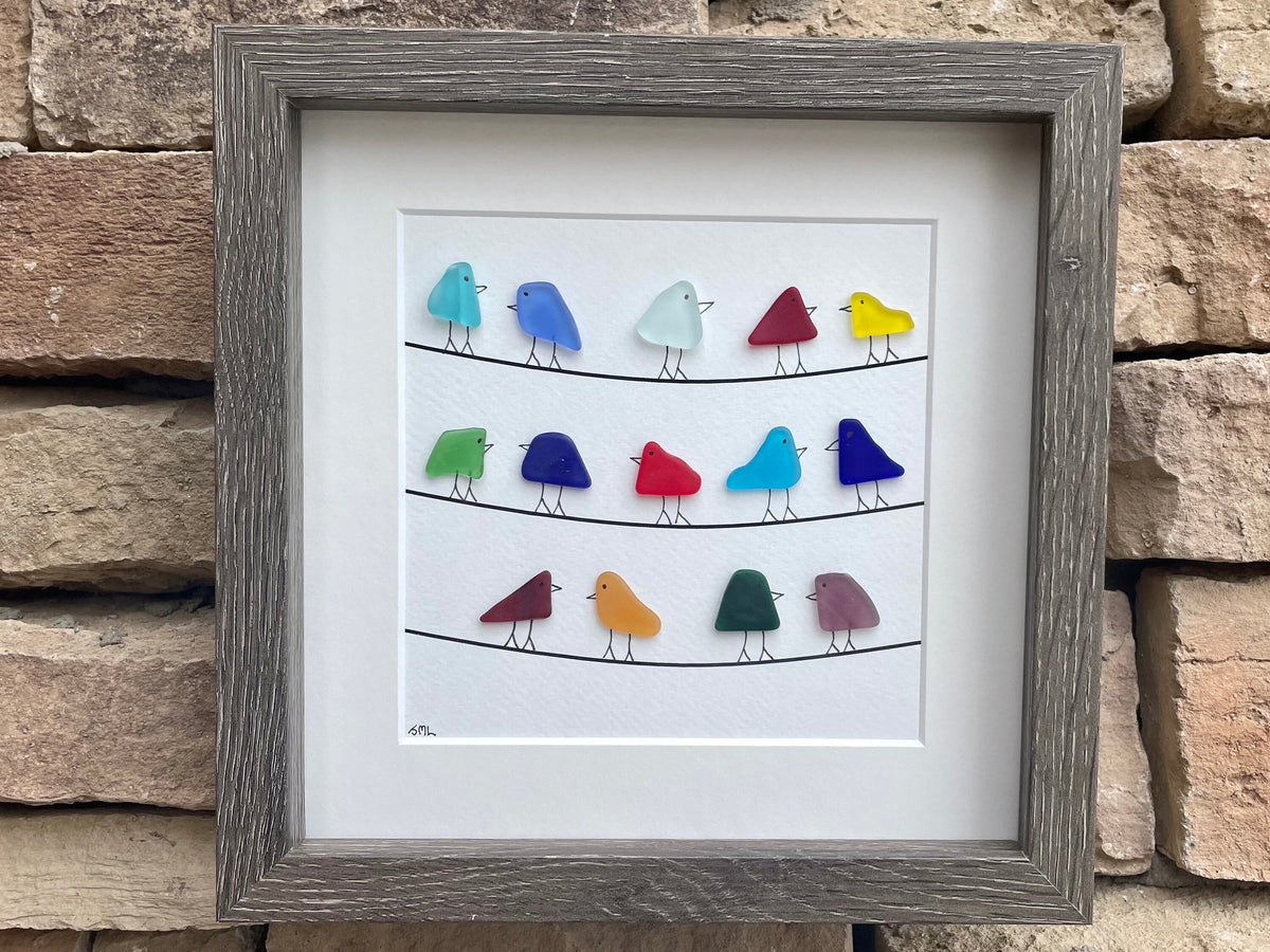 Rainbow Sea Glass Birds Sitting on Power Lines, Original Handmade Artwork, Minimalist Beach Decor, 9x9 in frame