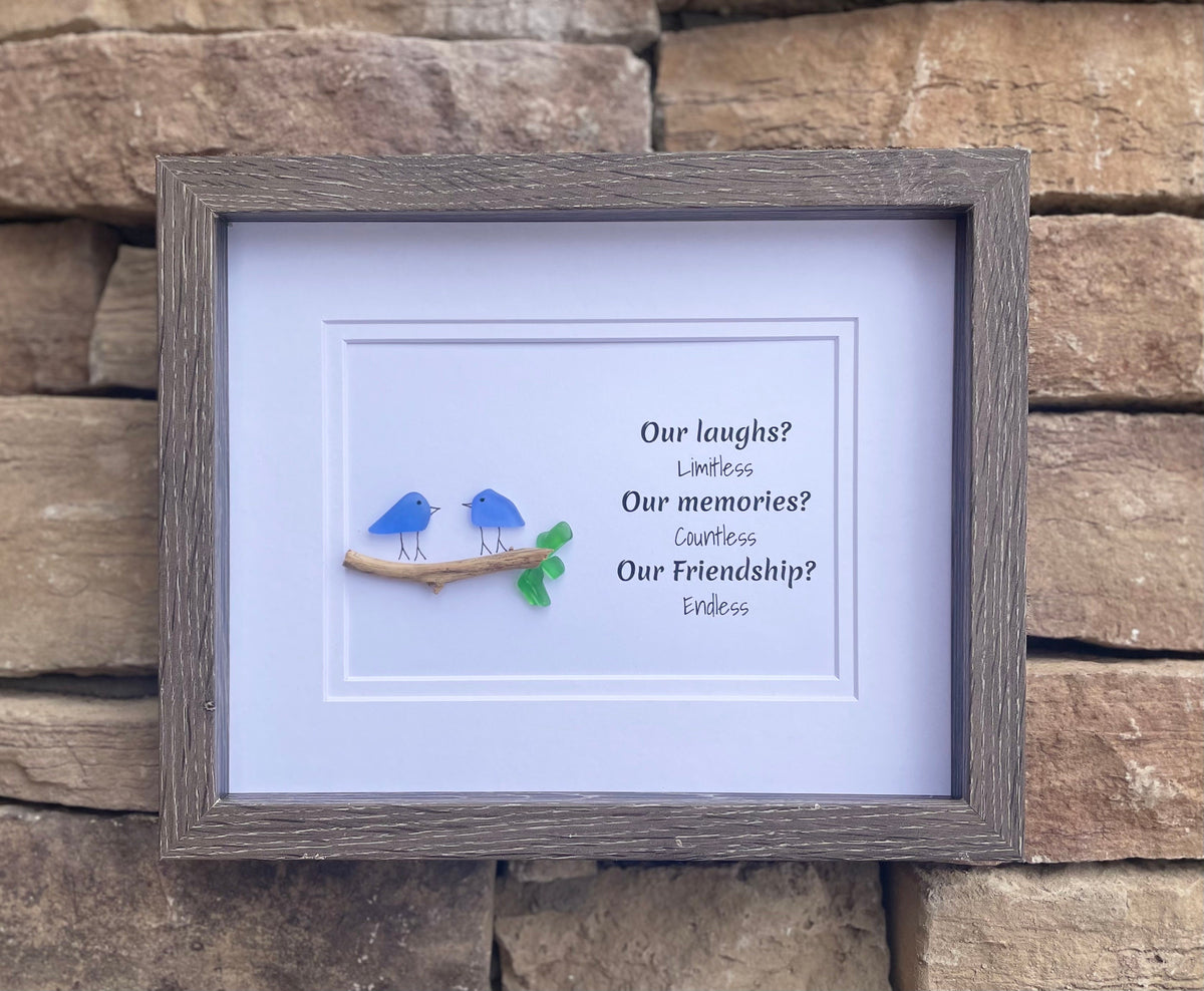 Laughs, Memories and Friendship 8x10 Framed Sea Glass Art Showing Two Birds on a Branch, Minimalist Beach Decor