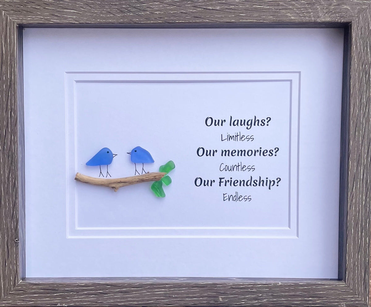 Laughs, Memories and Friendship 8x10 Framed Sea Glass Art Showing Two Birds on a Branch, Minimalist Beach Decor