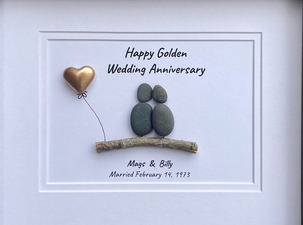 Golden Wedding Anniversary Personalized Pebble Art, 8x10 Framed 50th Anniversary Gift for Parents, Friends, Spouse