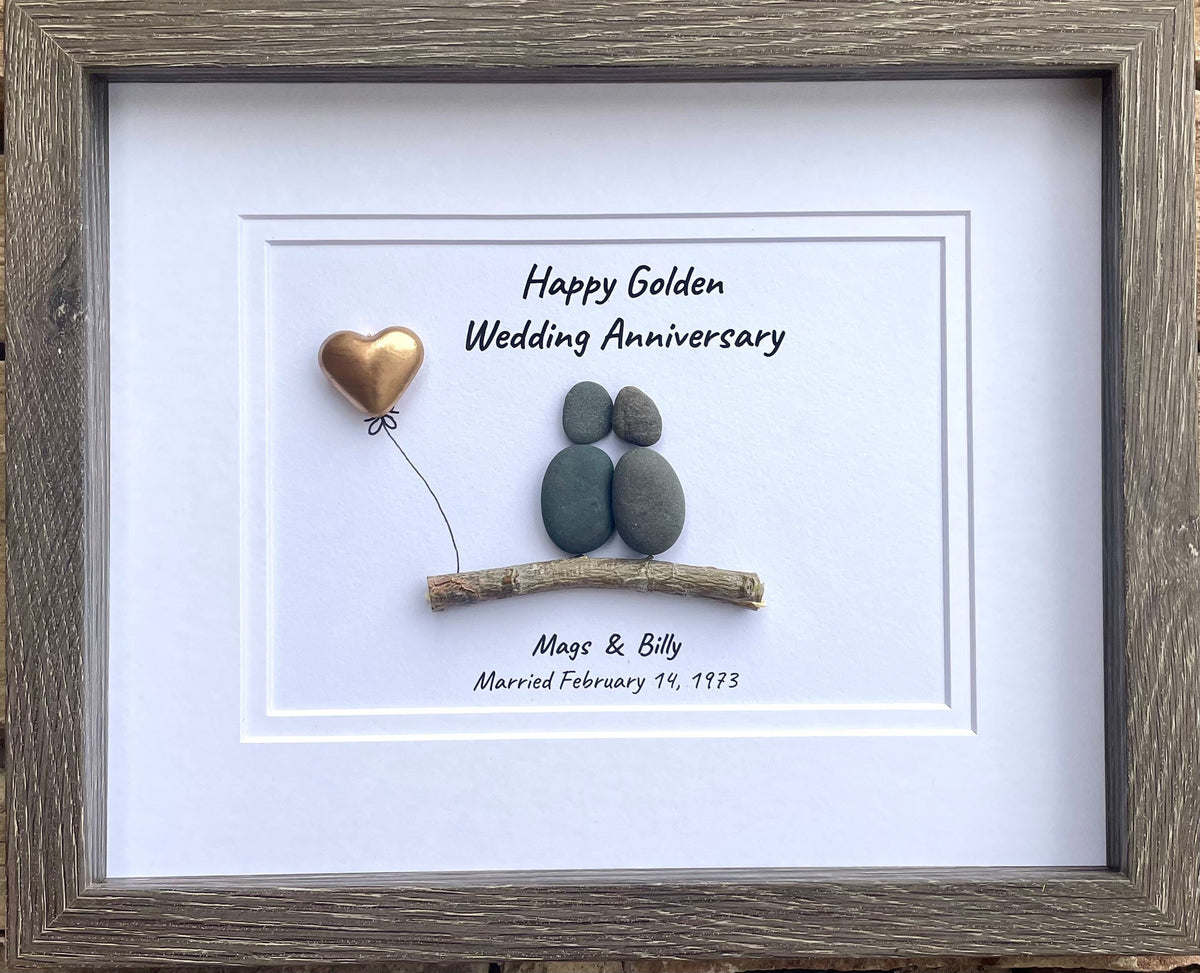 Golden Wedding Anniversary Personalized Pebble Art, 8x10 Framed 50th Anniversary Gift for Parents, Friends, Spouse