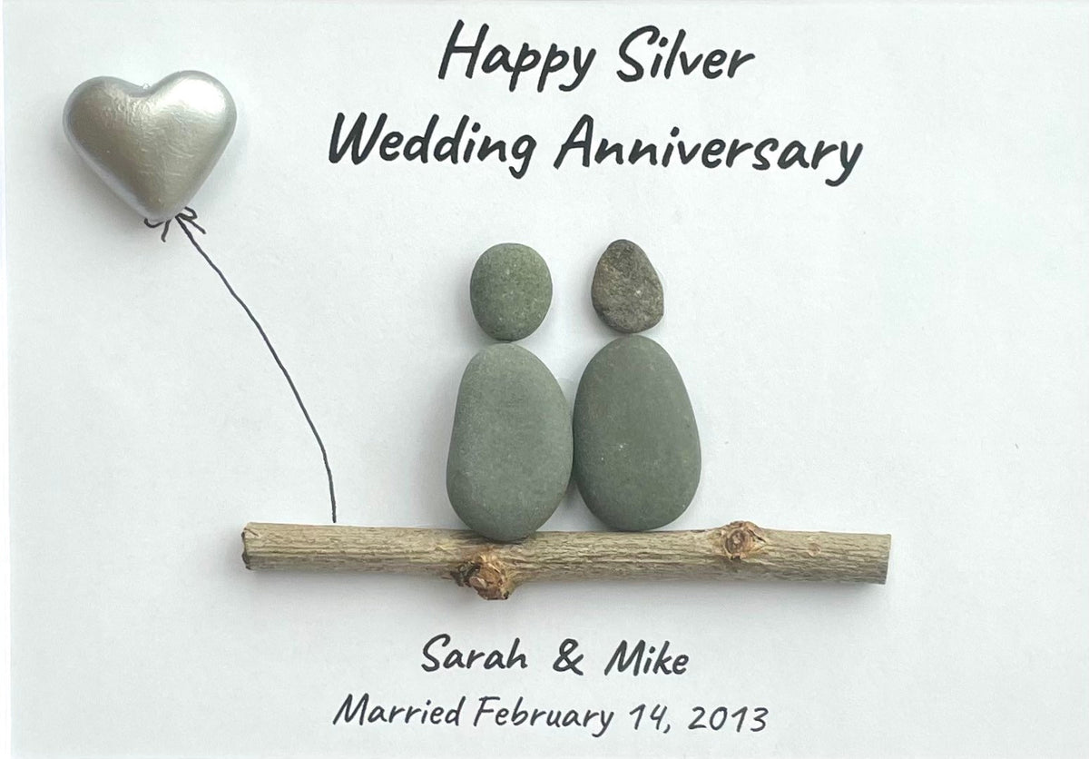 Silver Wedding Anniversary Personalized Pebble Art, 8x10 Framed 25th Anniversary Gift for Parents, Friends, Spouse