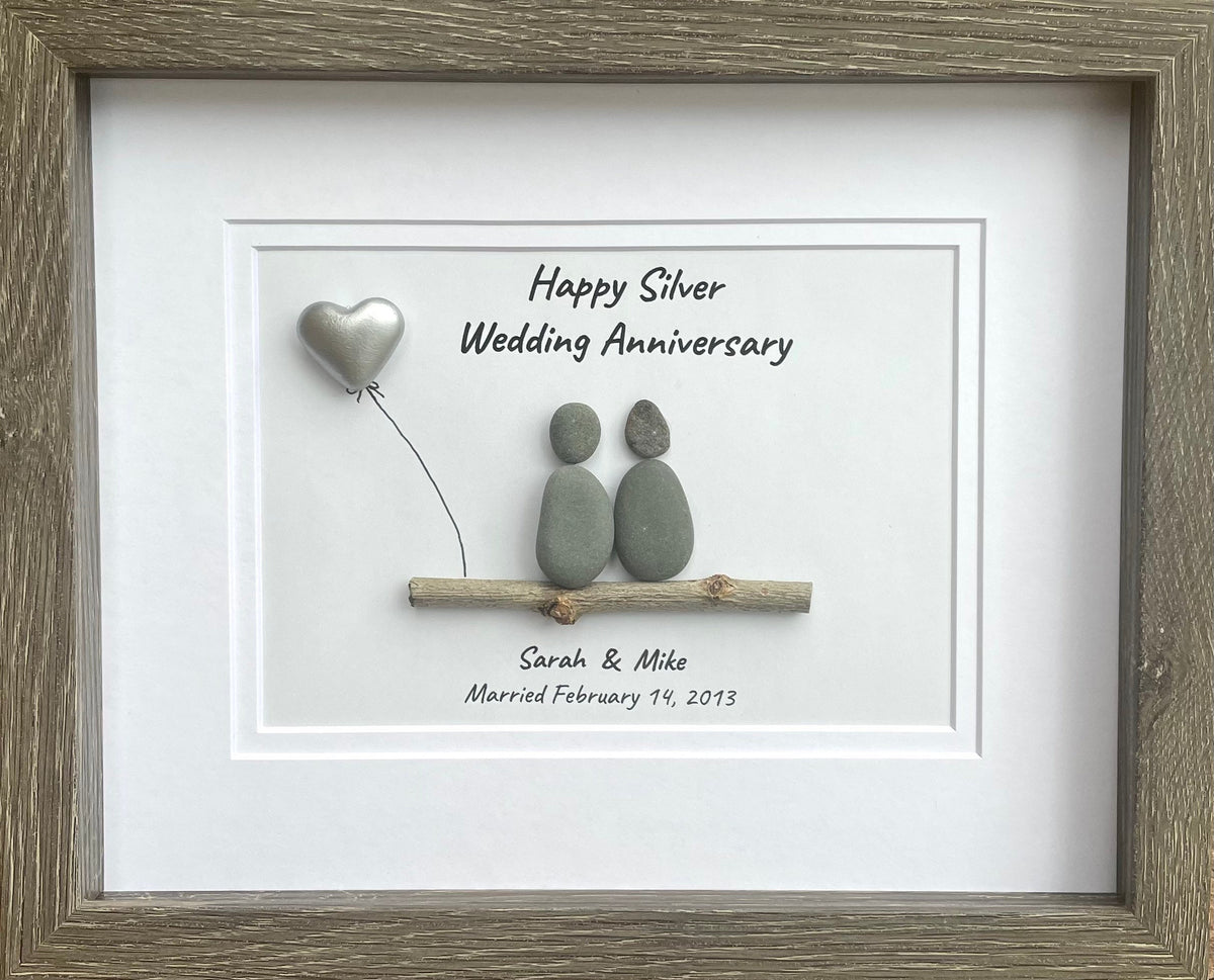 Silver Wedding Anniversary Personalized Pebble Art, 8x10 Framed 25th Anniversary Gift for Parents, Friends, Spouse