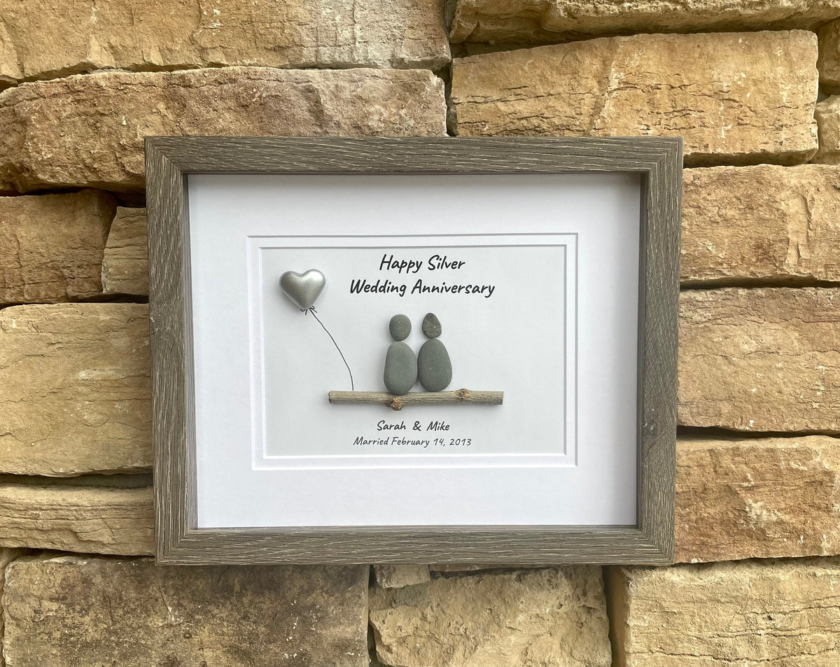 Silver Wedding Anniversary Personalized Pebble Art, 8x10 Framed 25th Anniversary Gift for Parents, Friends, Spouse