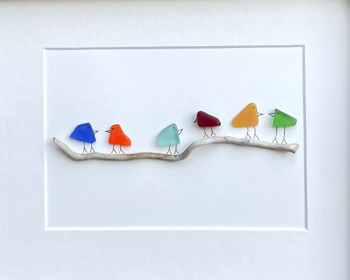 Sea Glass and Driftwood Rainbow Birds, 8x10 Framed Original Handmade Art, Minimalist Beach Glass Decor