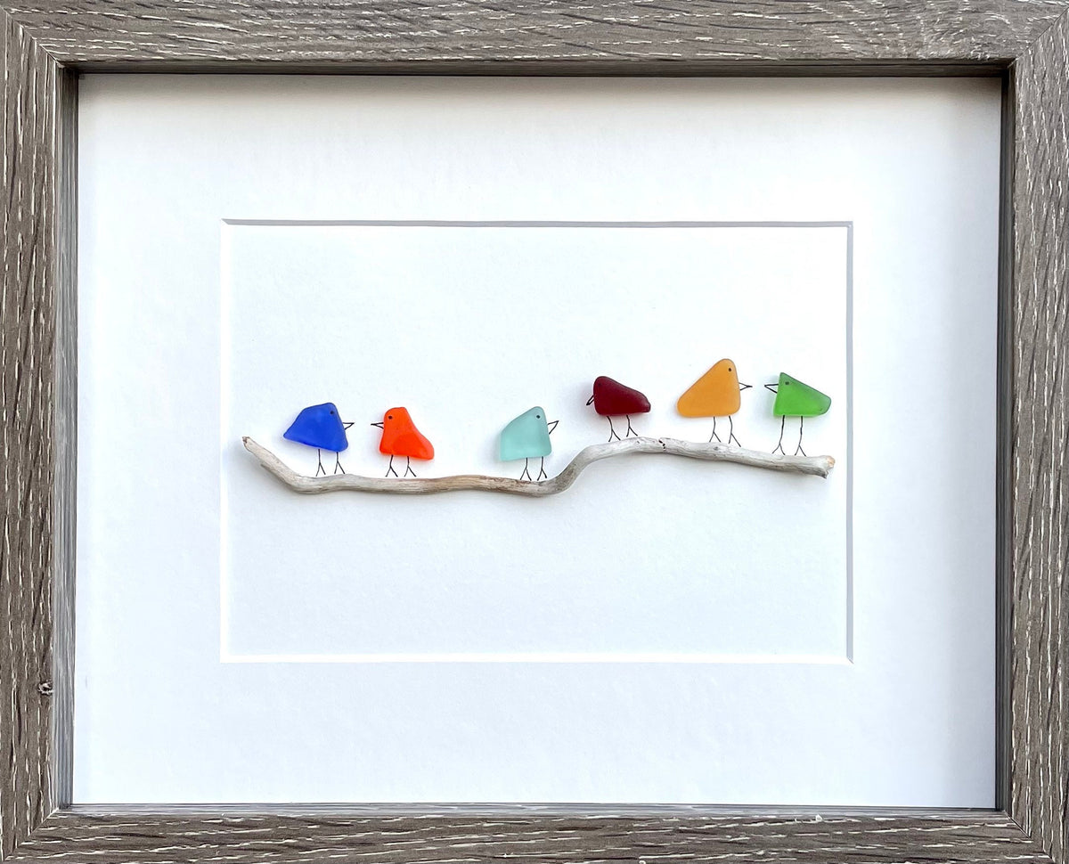 Sea Glass and Driftwood Rainbow Birds, 8x10 Framed Original Handmade Art, Minimalist Beach Glass Decor