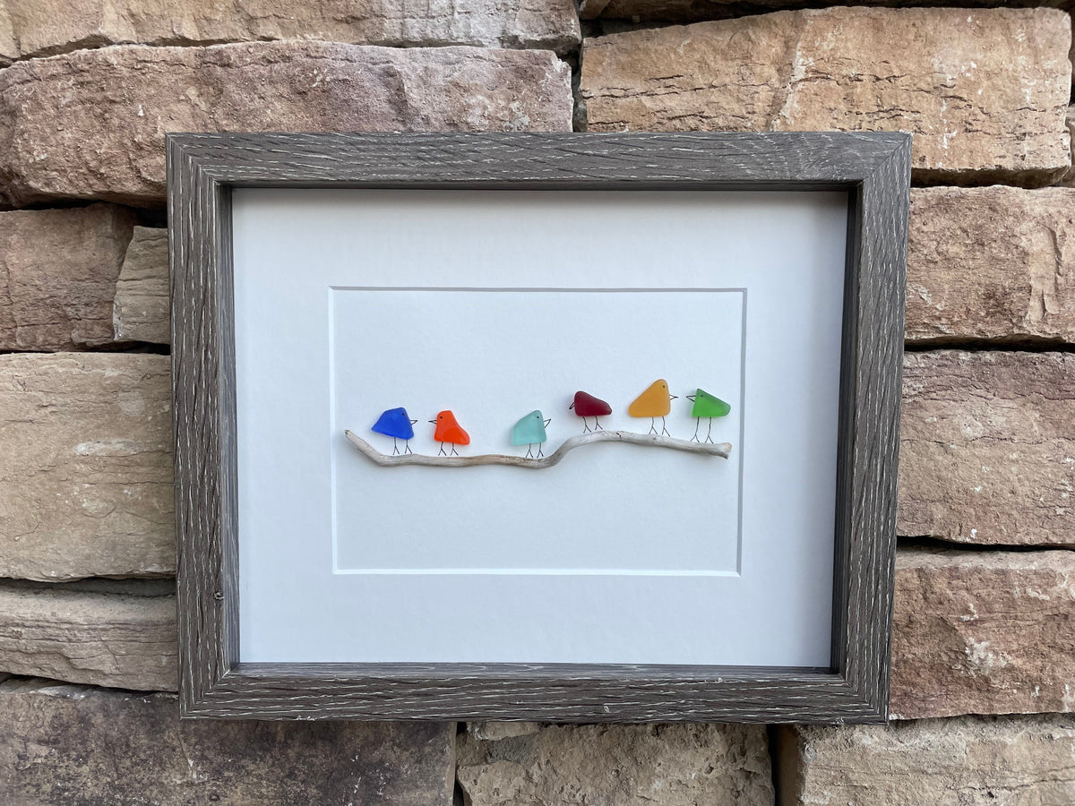 Sea Glass and Driftwood Rainbow Birds, 8x10 Framed Original Handmade Art, Minimalist Beach Glass Decor
