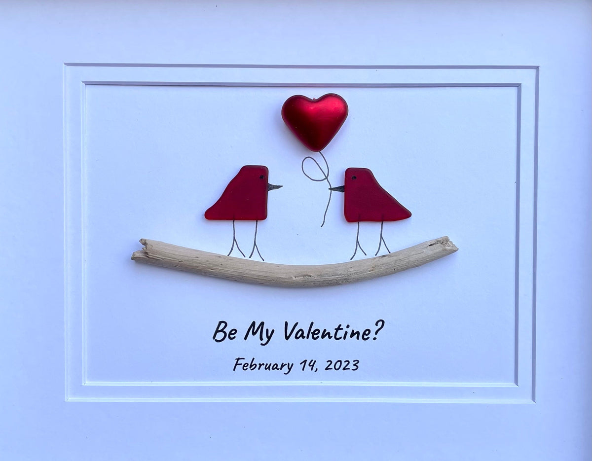 Be My Valentine Framed Sea Glass Art Showing Two Birds in Love, Handmade Framed Picture
