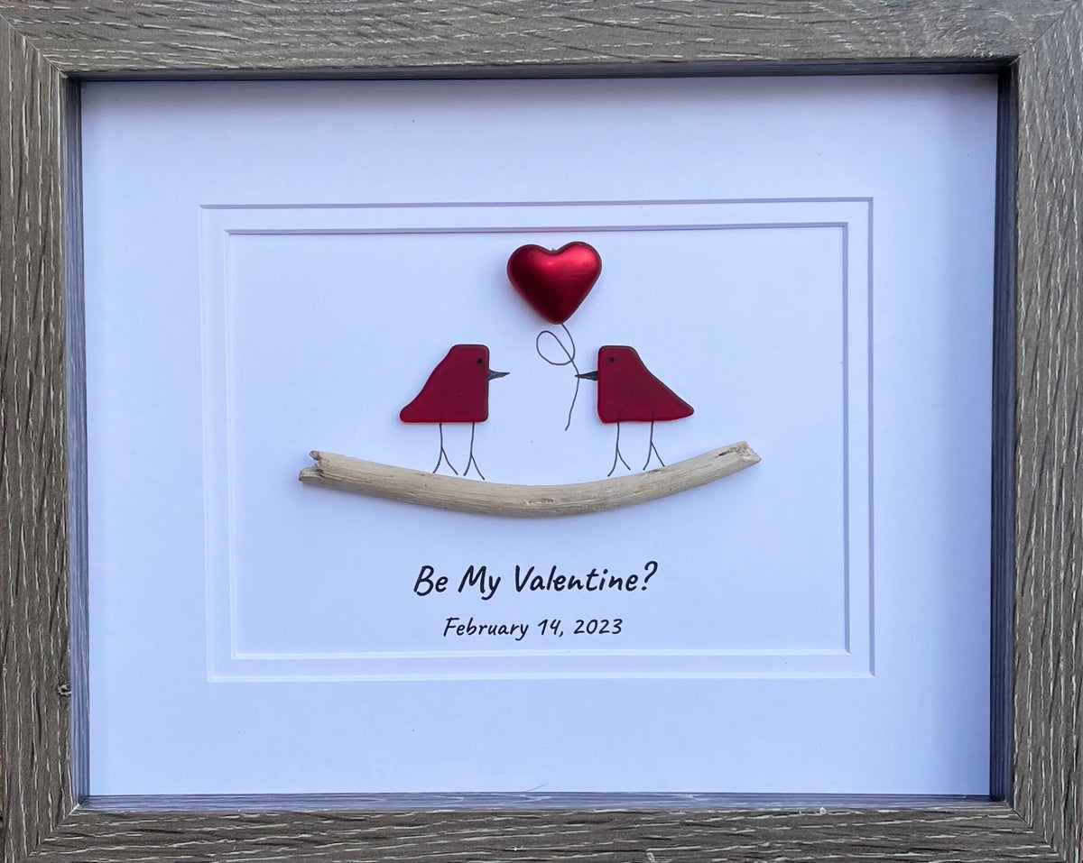 Be My Valentine Framed Sea Glass Art Showing Two Birds in Love, Handmade Framed Picture