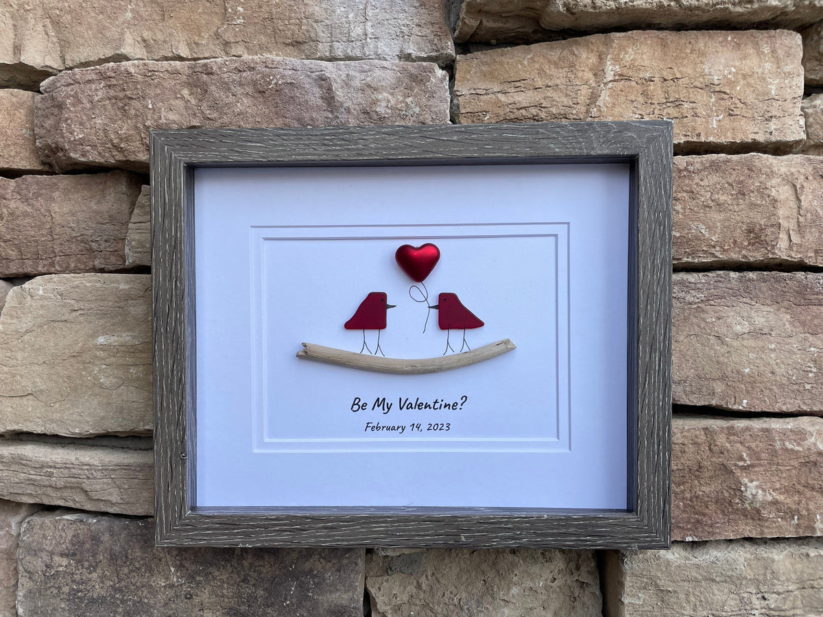 Be My Valentine Framed Sea Glass Art Showing Two Birds in Love, Handmade Framed Picture