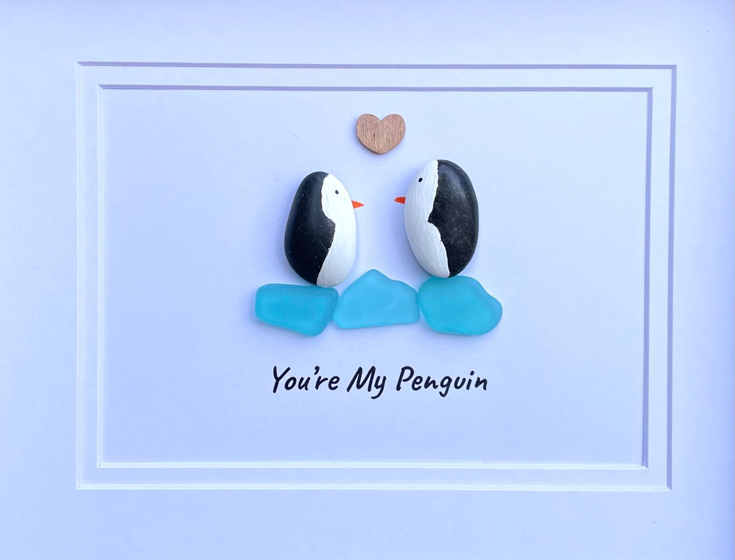 Pebble Penguin Sea Glass Art, Romantic Gift, Framed 8x10