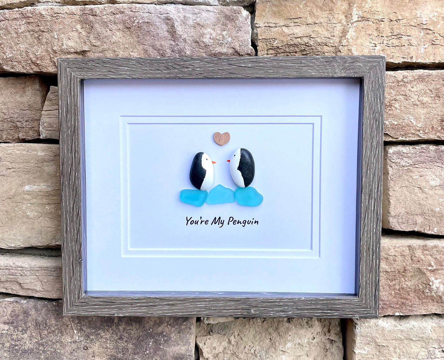 Pebble Penguin Sea Glass Art, Romantic Gift, Framed 8x10
