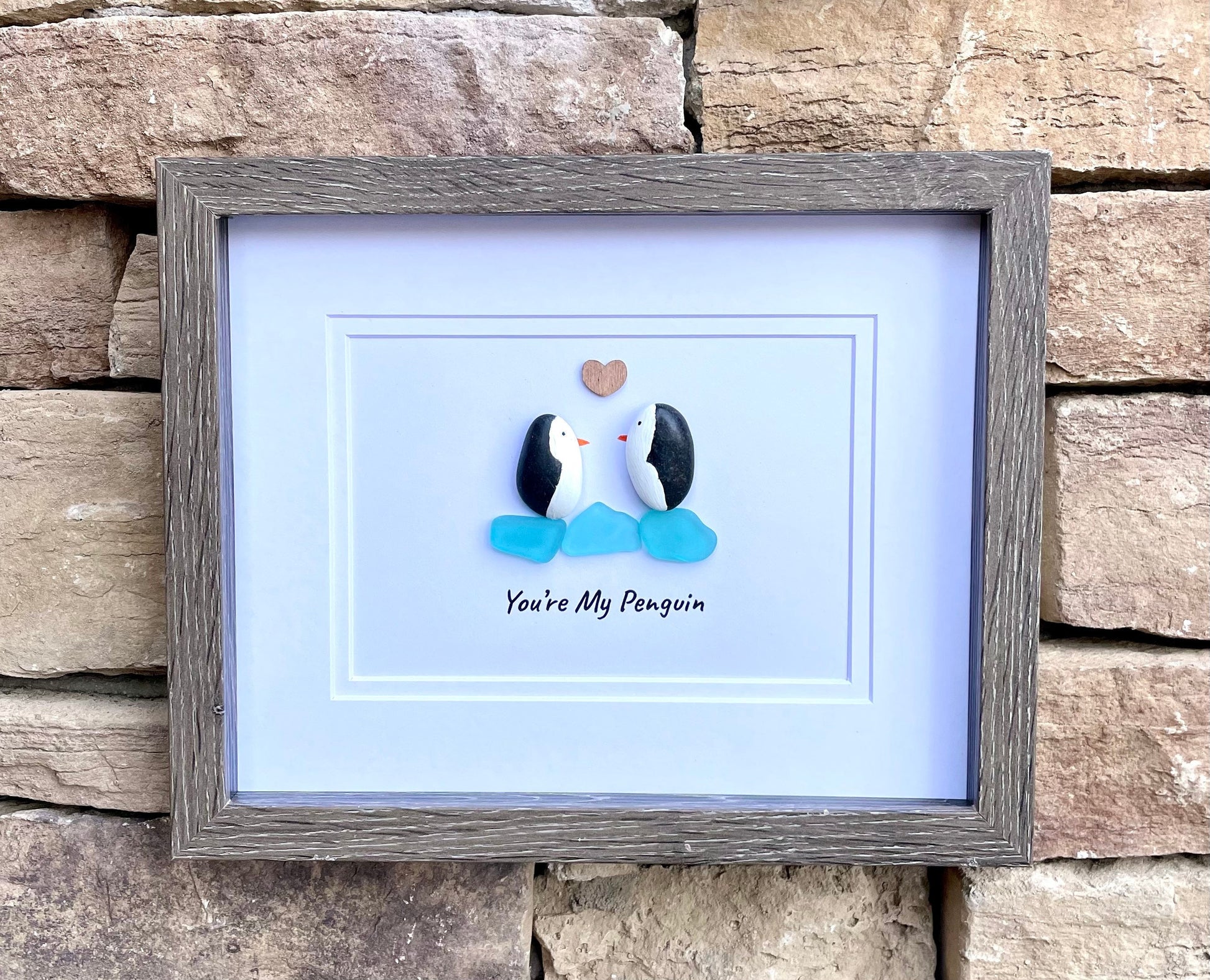 Pebble Penguin Sea Glass Art, Romantic Gift, Framed 8x10