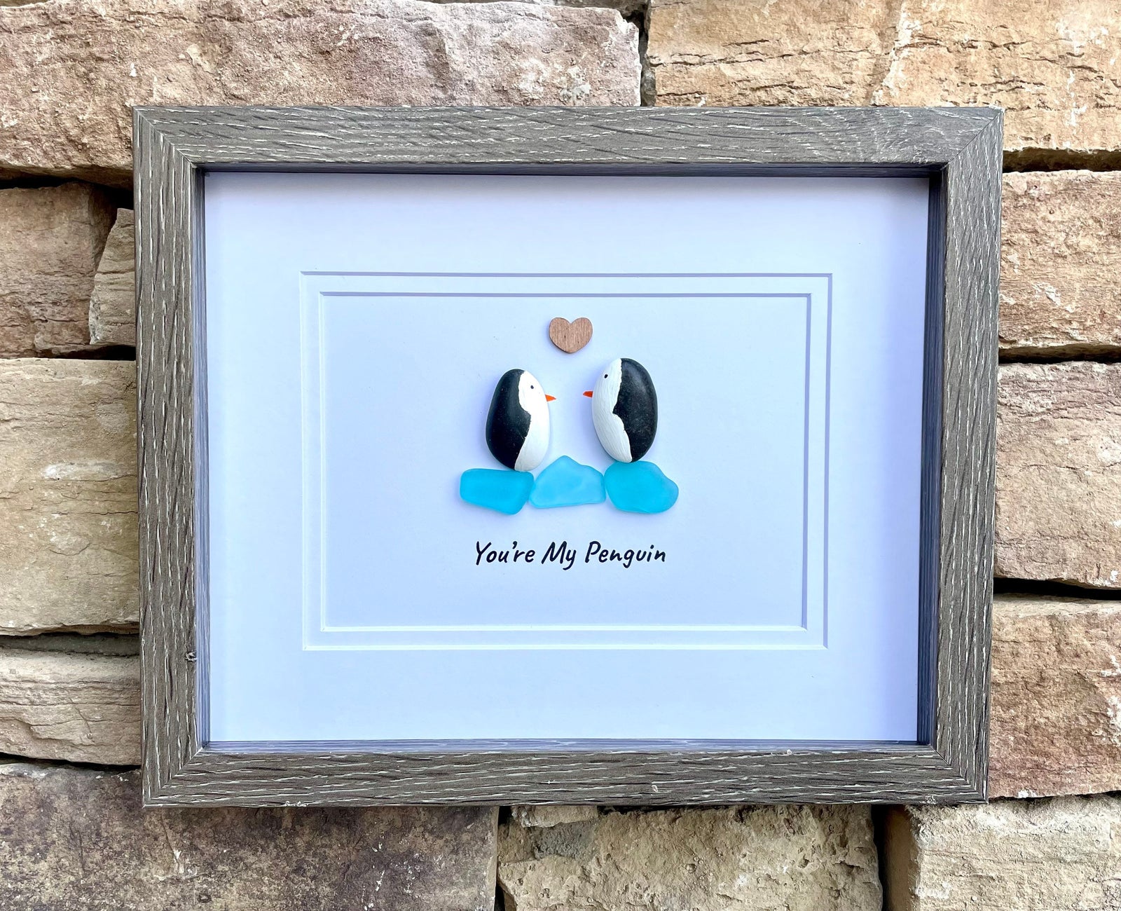Romantic Penguin Pebble and Sea Glass Art, 8x10 Framed Personalized Gift With Caption “You’re My Penguin”