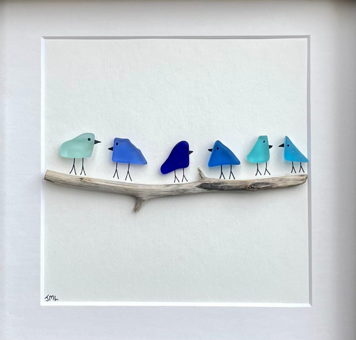 Sea Glass and Driftwood Birds in Delicate Shades of Blue, 9x9 Framed Handmade Art Minimalist Beach Glass Decor, Gift for Beach Lovers