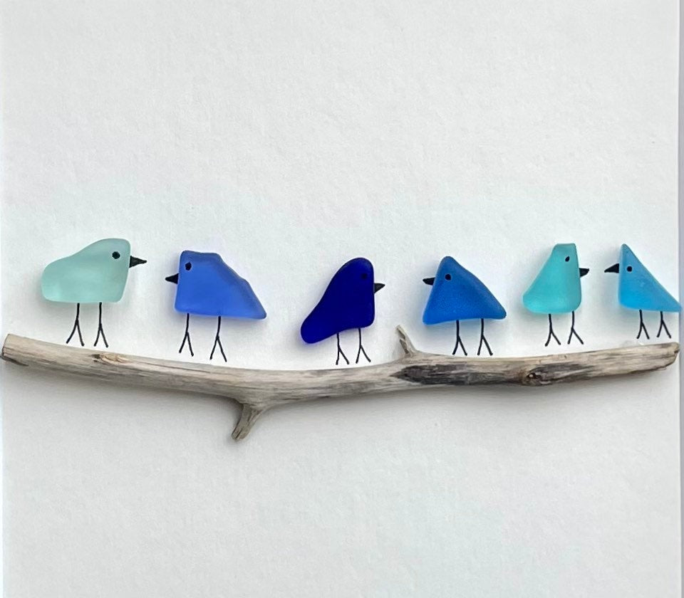 Sea Glass and Driftwood Birds in Delicate Shades of Blue, 9x9 Framed Handmade Art Minimalist Beach Glass Decor, Gift for Beach Lovers