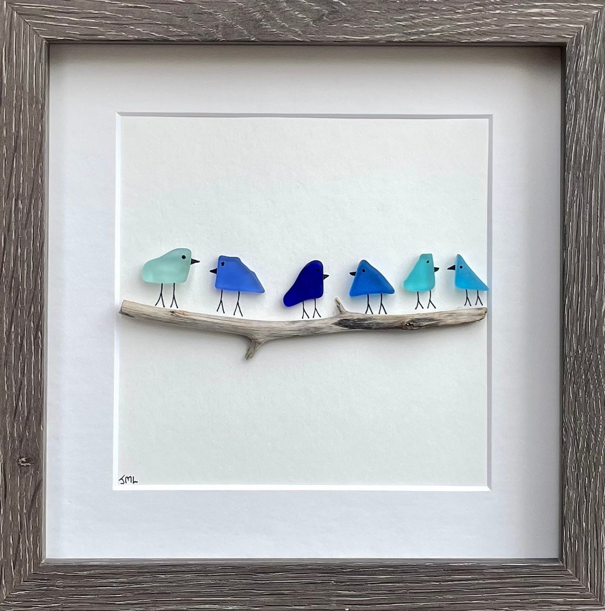 Sea Glass and Driftwood Birds in Delicate Shades of Blue, 9x9 Framed Handmade Art Minimalist Beach Glass Decor, Gift for Beach Lovers