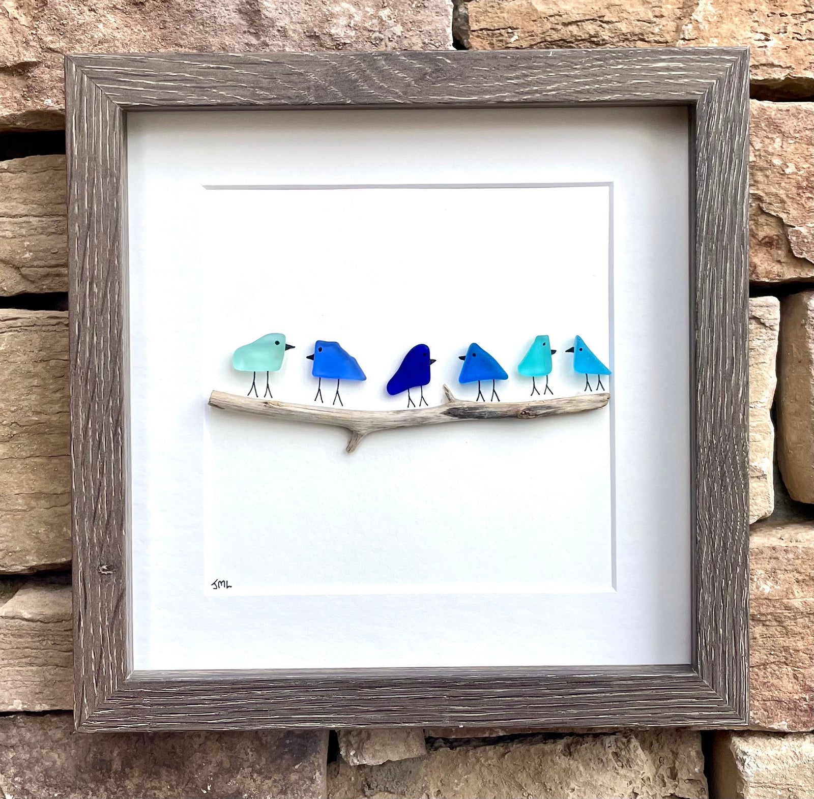 Sea Glass and Driftwood Birds in Delicate Shades of Blue, 9x9 Framed Handmade Art Minimalist Beach Glass Decor, Gift for Beach Lovers
