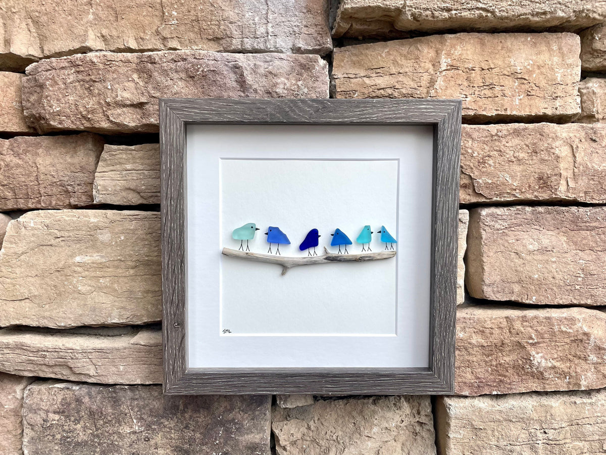 Sea Glass and Driftwood Birds in Delicate Shades of Blue, 9x9 Framed Handmade Art Minimalist Beach Glass Decor, Gift for Beach Lovers