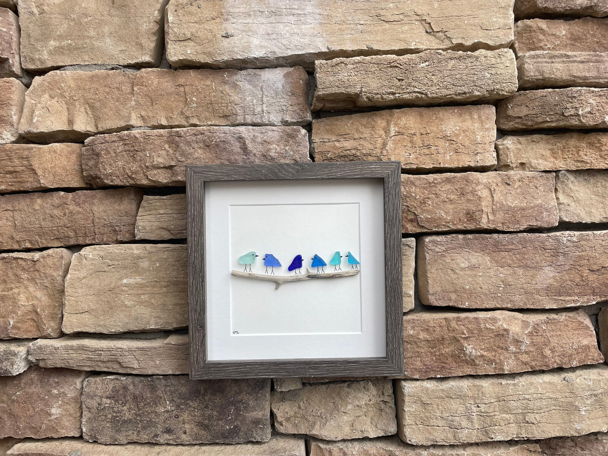 Sea Glass and Driftwood Birds in Delicate Shades of Blue, 9x9 Framed Handmade Art Minimalist Beach Glass Decor, Gift for Beach Lovers
