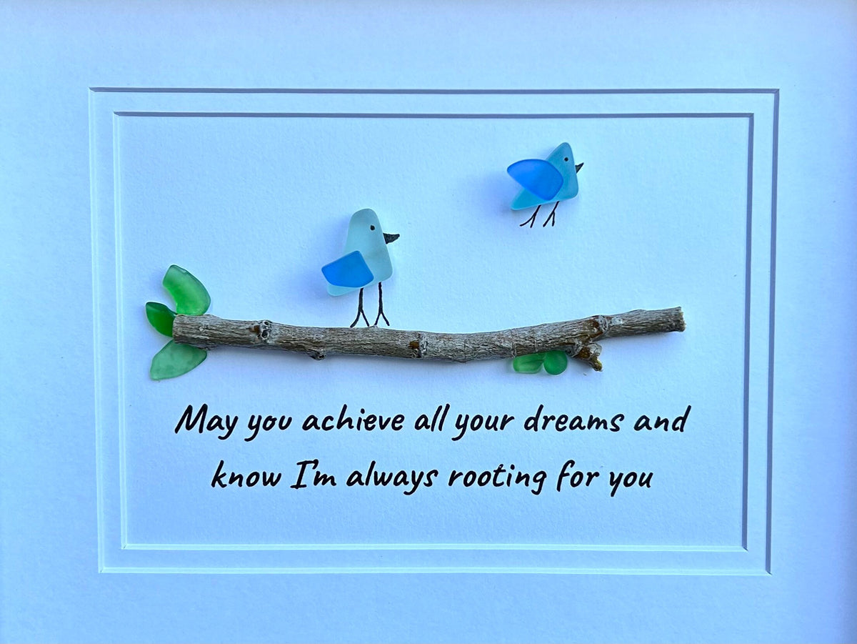 May You Achieve All Your Dreams, 8x10 Framed Sea Glass Art Featuring Two Birds on a Branch, Gift for Daughter, Son, Child, Grandchild