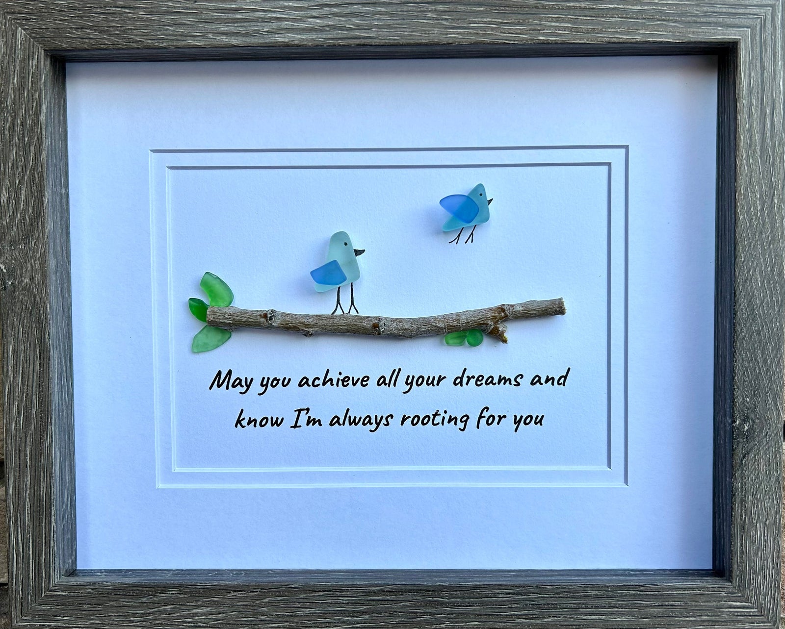 May You Achieve All Your Dreams, 8x10 Framed Sea Glass Art Featuring Two Birds on a Branch, Gift for Daughter, Son, Child, Grandchild