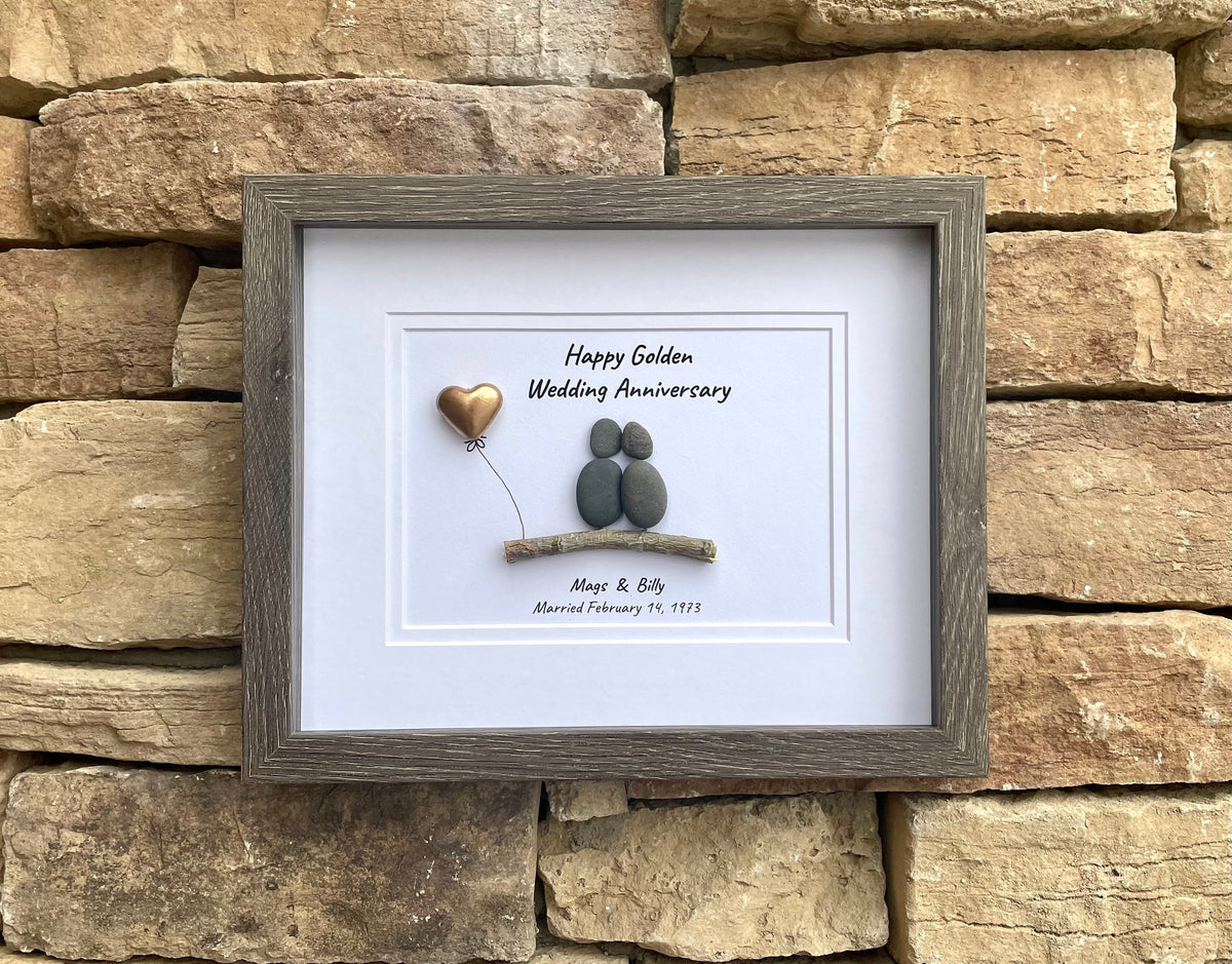 Golden Wedding Anniversary Personalized Pebble Art, 8x10 Framed 50th Anniversary Gift for Parents, Friends, Spouse