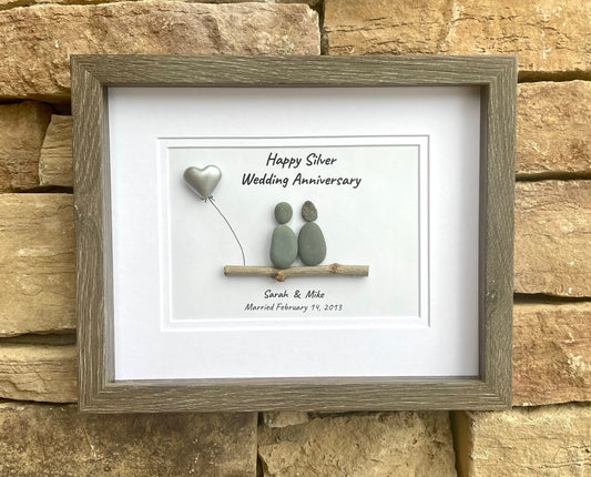 Silver Wedding Anniversary Personalized Pebble Art, 8x10 Framed 25th Anniversary Gift for Parents, Friends, Spouse
