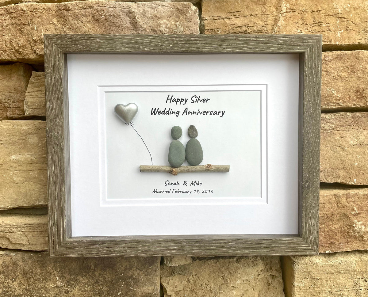 Silver Wedding Anniversary Personalized Pebble Art, 8x10 Framed 25th Anniversary Gift for Parents, Friends, Spouse