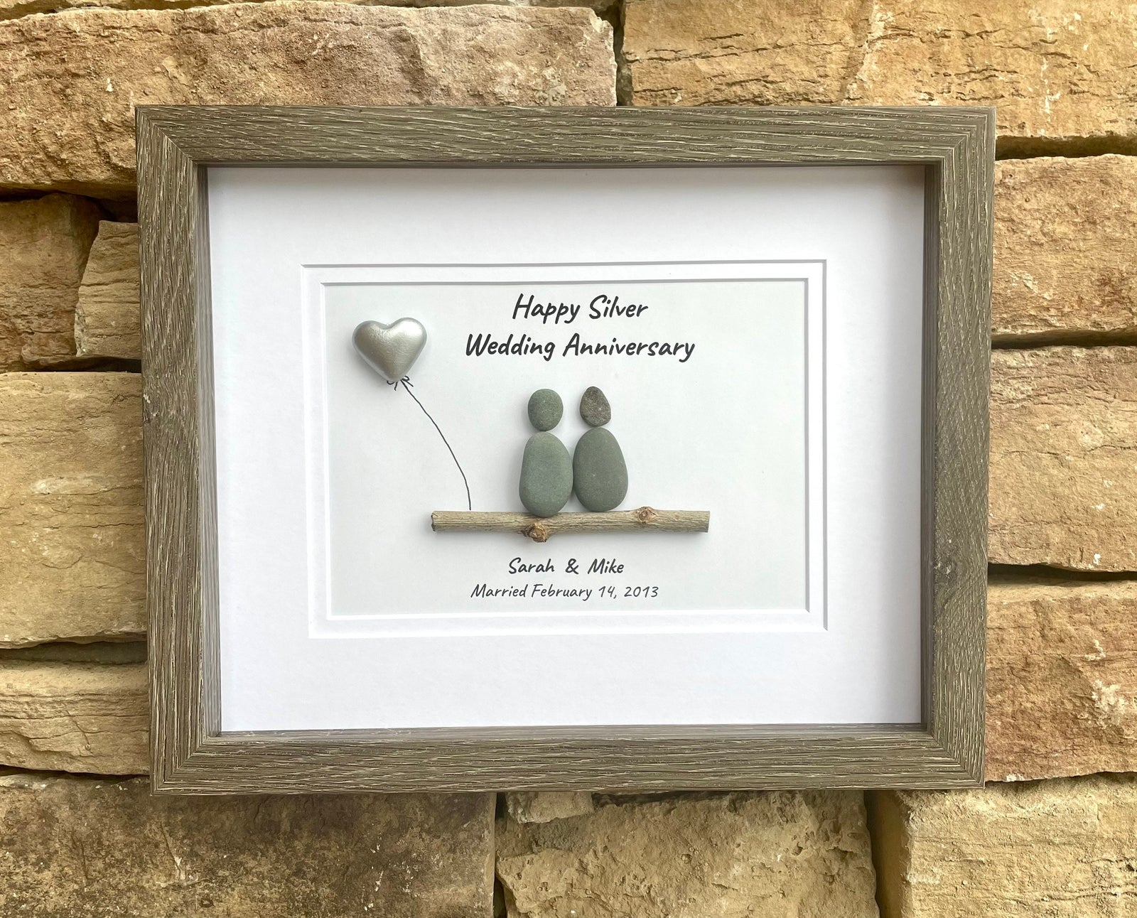 Silver Wedding Anniversary Personalized Pebble Art, 8x10 Framed 25th Anniversary Gift for Parents, Friends, Spouse