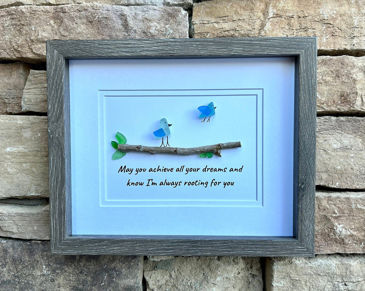 May You Achieve All Your Dreams, 8x10 Framed Sea Glass Art Featuring Two Birds on a Branch, Gift for Daughter, Son, Child, Grandchild