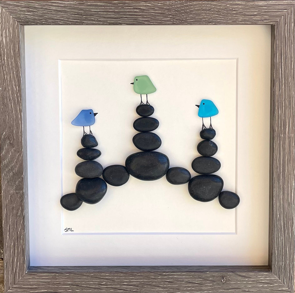 Sea Glass Birds on Rock Cairns, 8 x 8” Framed Original Handmade Artwork, Minimalist Beach Decor