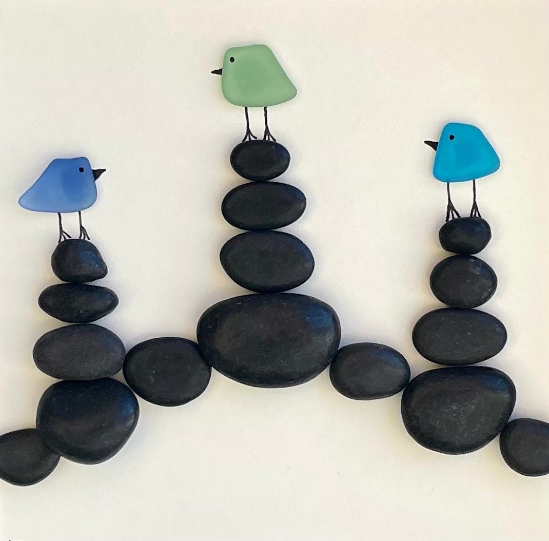 Birds on Rock Cairns | Bluebirds on Black Rock Piles | Handmade Artwork | Minimalist Beach Decor | Gift for Friend | 8x8 Sea Glass Art