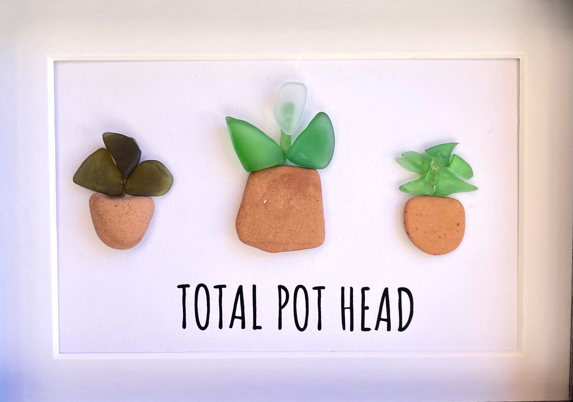 Total Pot Head Sea Glass Art, 5x7 Framed Gift for Gardener, Plant Lover