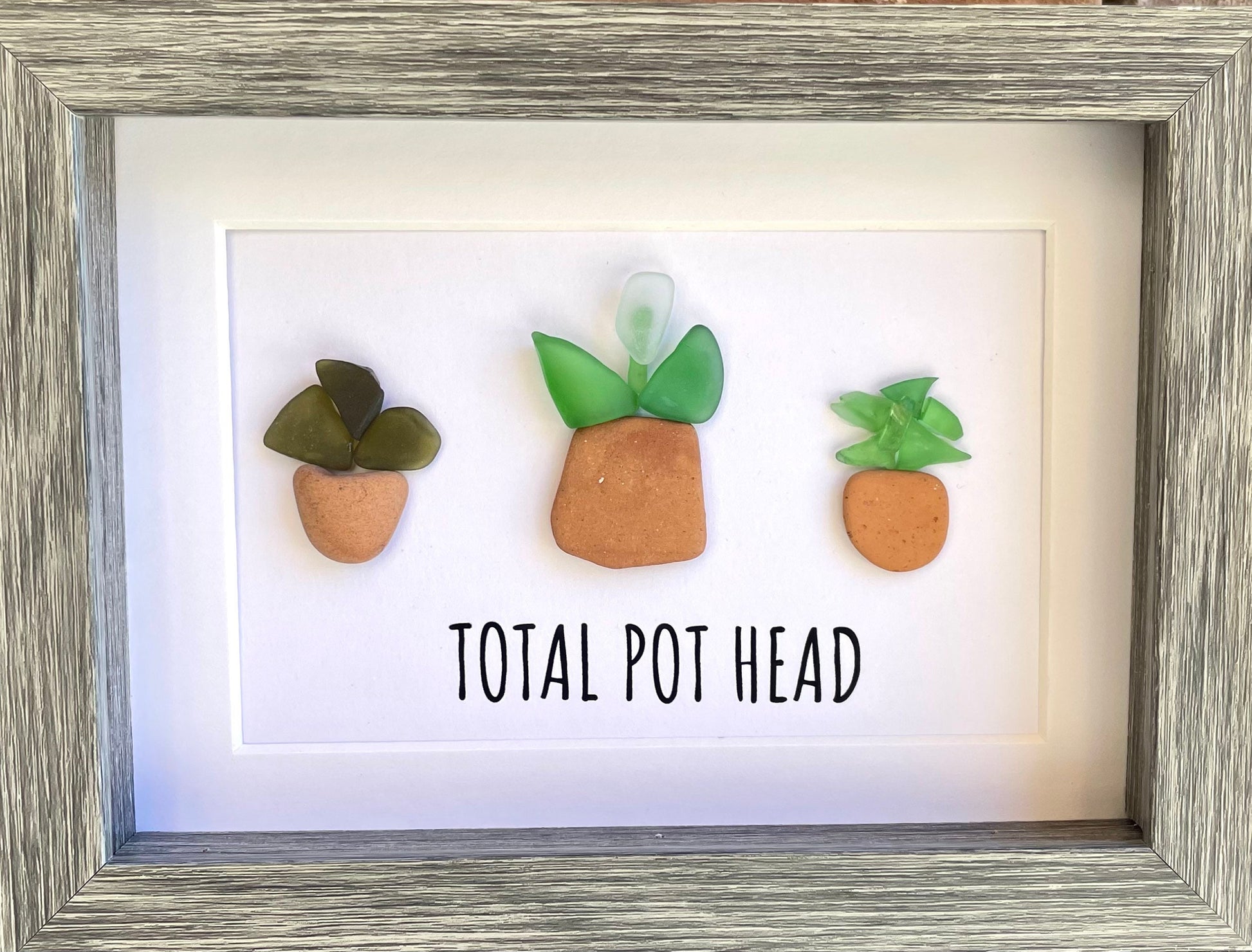 Total Pot Head Sea Glass Art, 5x7 Framed Gift for Gardener, Plant Lover