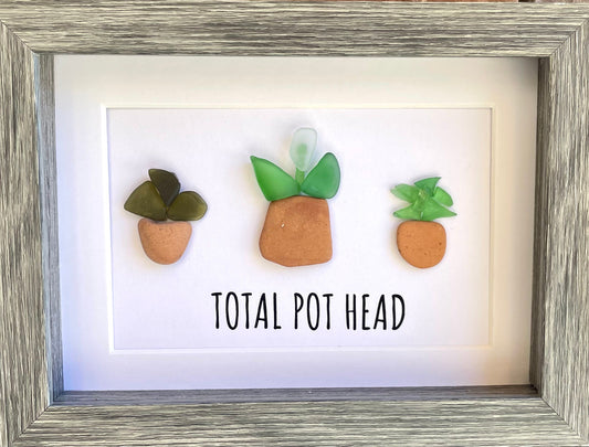 Total Pot Head Sea Glass Art, 5x7 Framed Gift for Gardener, Plant Lover