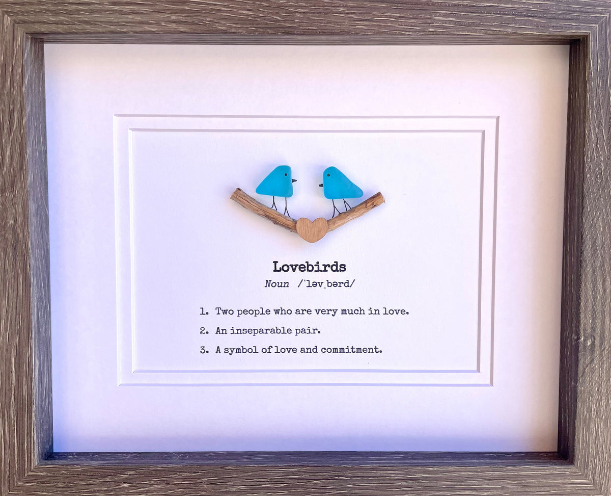 Lovebirds Sea Glass Art Showing Two Birds in Love, Framed 8x10 Valentine’s Day Gift, Unique Romantic Artwork