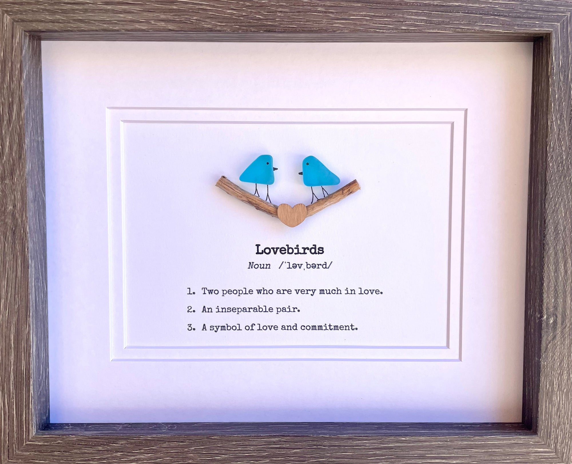 Lovebirds Sea Glass Art Showing Two Birds in Love, Framed 8x10 Valentine’s Day Gift, Unique Romantic Artwork