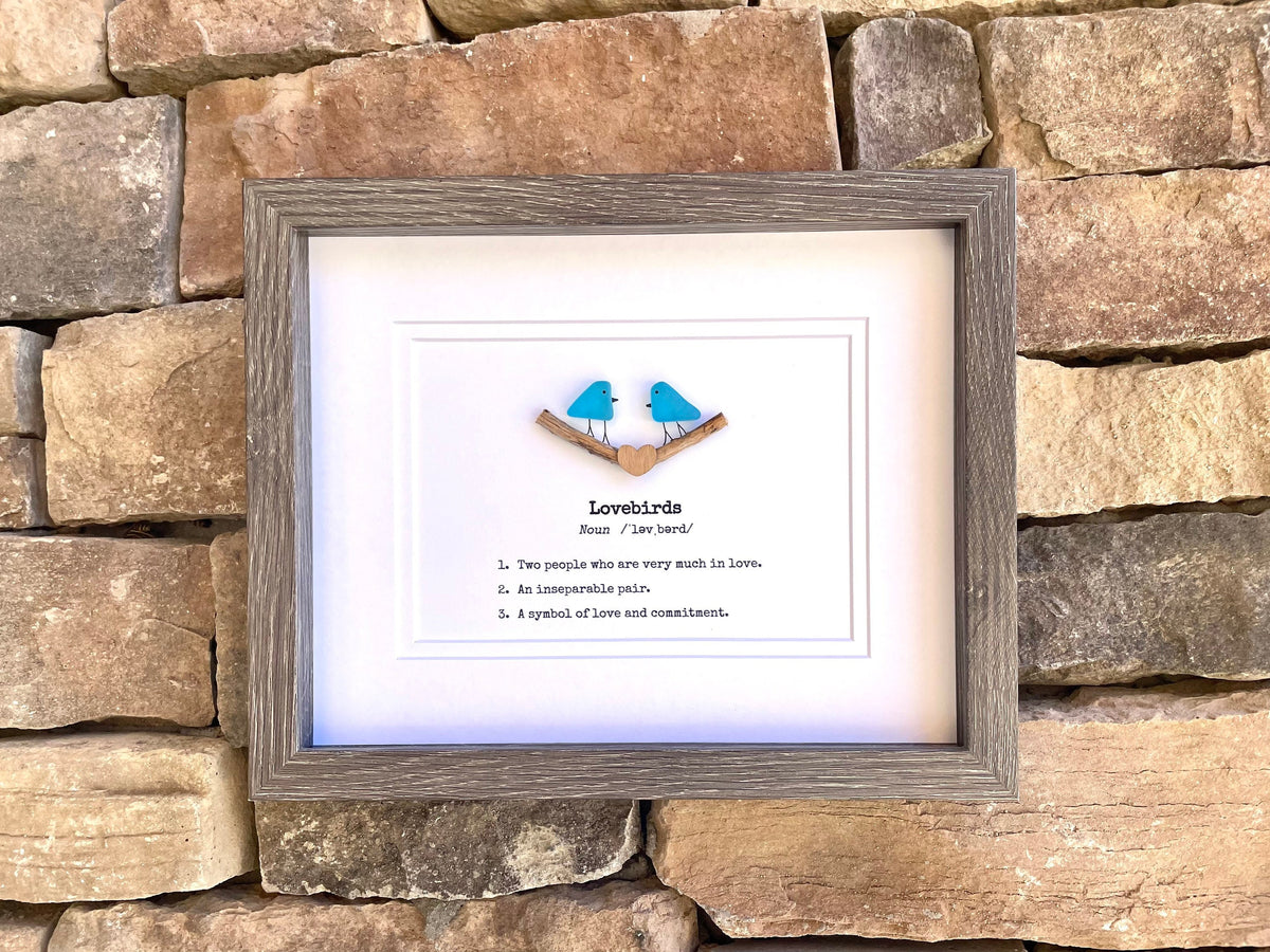 Lovebirds Sea Glass Art Showing Two Birds in Love, Framed 8x10 Valentine’s Day Gift, Unique Romantic Artwork