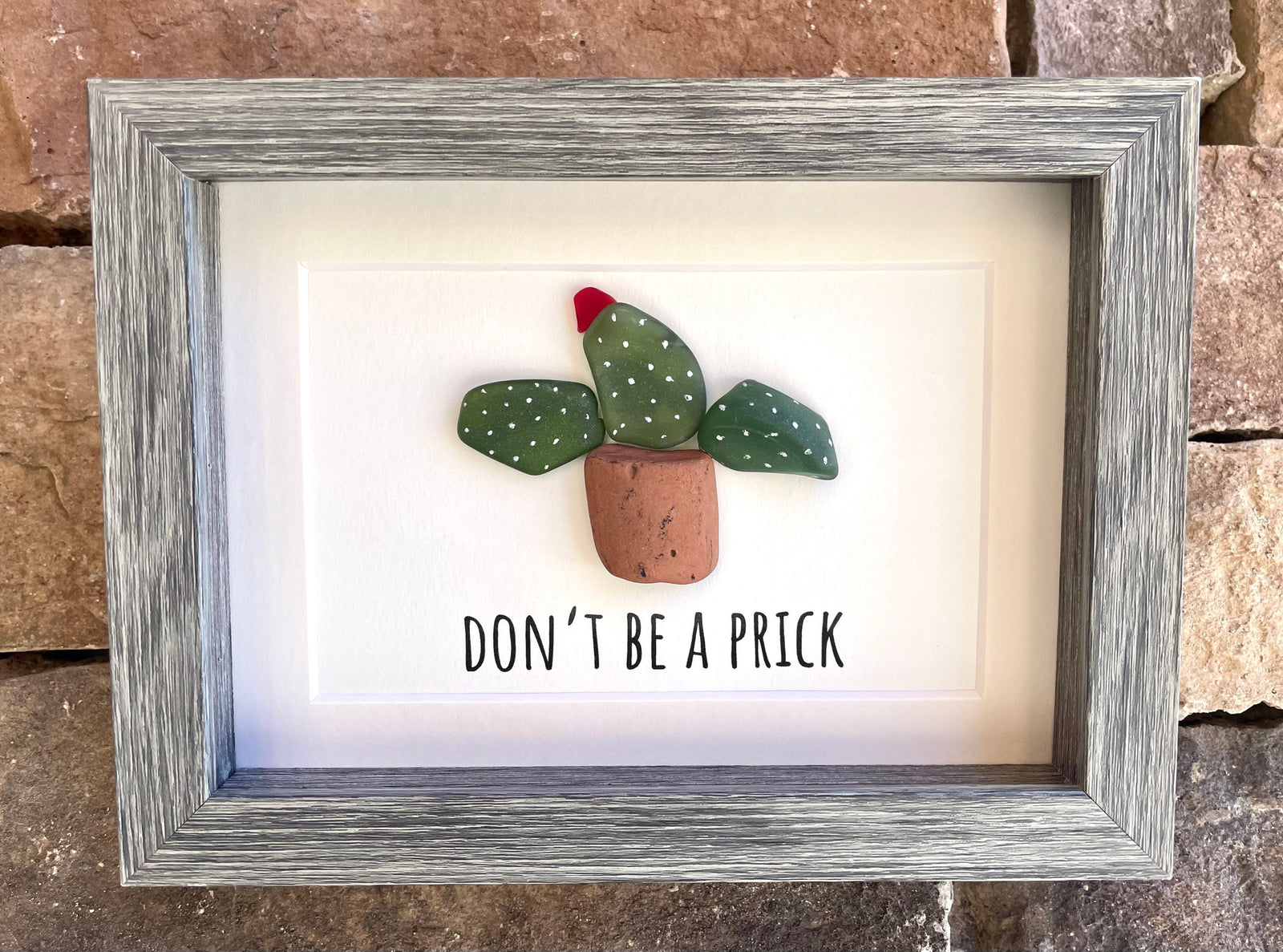 Don’t Be A Prick Cactus Sea Glass Art, 5x7 Framed Funny Modern Artwork, Perfect Gift