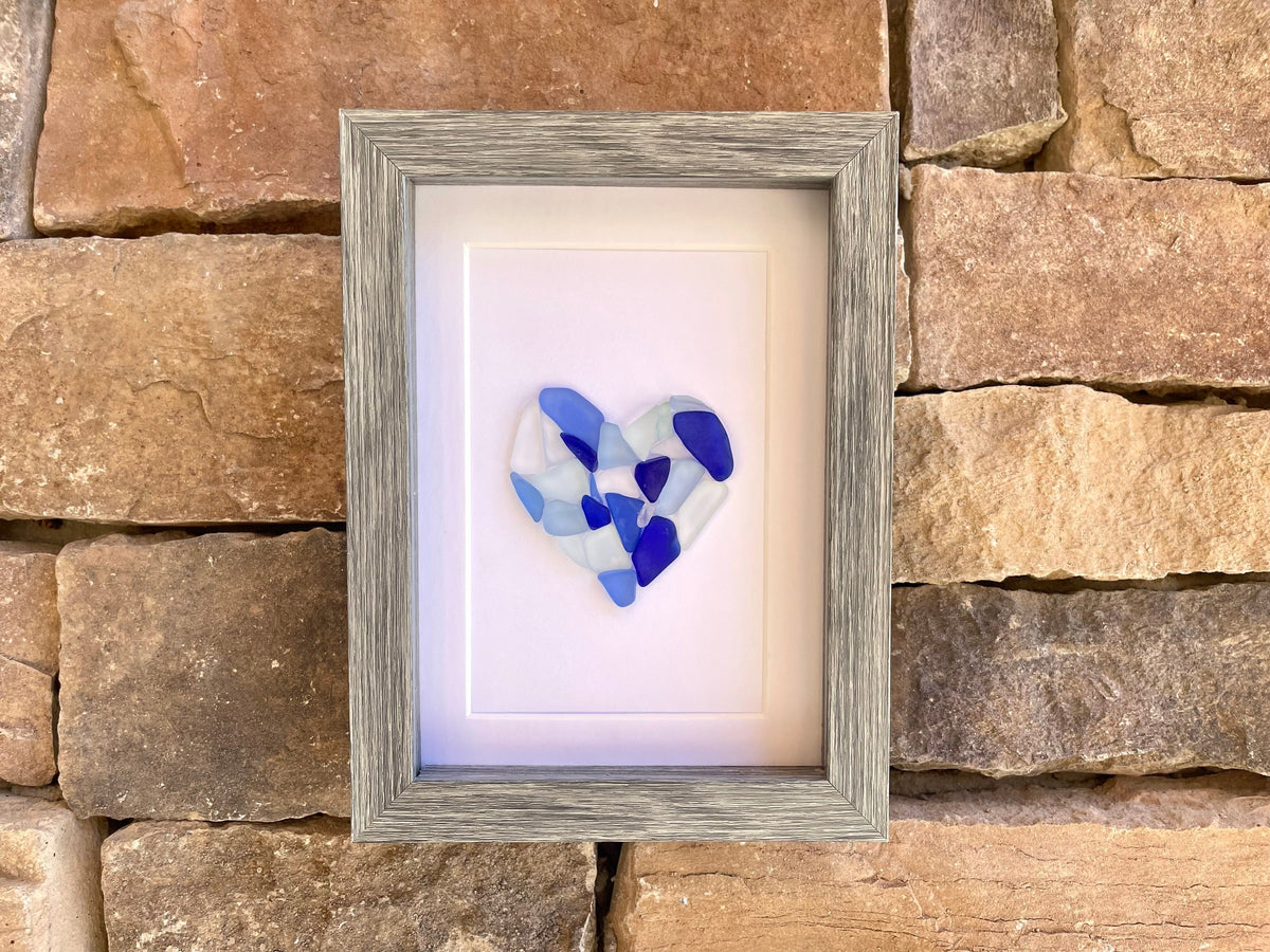 Sea Glass Love Heart in Shades of Blue, Framed 5 x7” Original Artwork, Perfect Gift for Loved One or Anyone That Loves the Beach